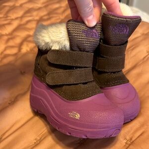 The North Face Kids Brown Suede Alpenglow Snow Boots with Purple Soles
